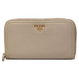 Prada Logo Round Zip Long Wallet in Grayish Leather Grey