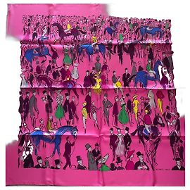 Foulard di seta Hermès con motivo cavallo e carrozza Rosa Blu
