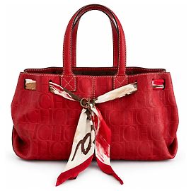 Carolina Herrera Red Leather Monogram Tote Bag Red
