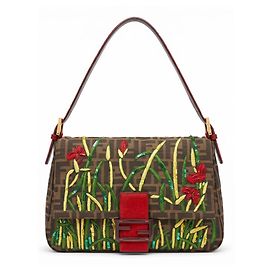 Fendi Sac Baguette Mamma Zucca FF Broderies Florales Marron Rouge Vert Jaune Bijouterie dorée
