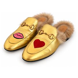 Gucci Princetown Gold Leather Heart & Lips Mules Golden