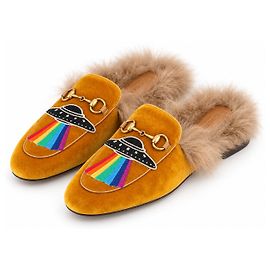 Gucci Princetown UFO Embroidered Velvet Mules Brown Yellow