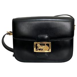 Céline Bolsa de ombro com aba em couro CELINE Vintage Horse Hardware Preto