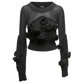 Chanel Pullover aus Woll-Kaschmir-Mischung in Schwarz mit 3D-Kamelie Größe US S Schwarz