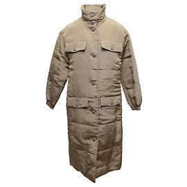 Abrigo largo de seda Chanel cuello mao Olive Talla FR 34 Verde