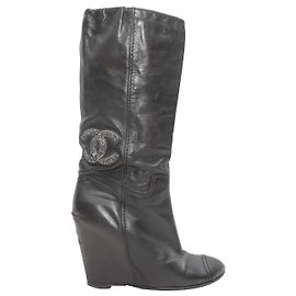 Black Chanel CC Covered Wedge Boots Size 38.5 Black