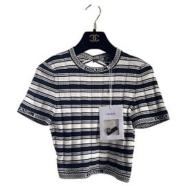CHANEL 23C Top de seda multicolorido com riscas pretas e brancas Outro
