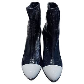 Miu Miu Black and White Patent Leather Heeled Ankle Boots Other