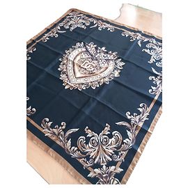 Lenço Dolce & Gabbana em seda preto com coração barroco Marrom Preto
