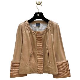 Fendi Beige Leather Jacket Woven Sleeves IT 42 Pre-owned Other