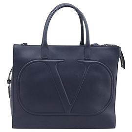 Valentino Garavani VLogo Convertible Shopper Leather Large Bleu Marine