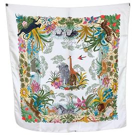 Gucci Sciarpa Vintage Accornero in seta bianca e multicolore con stampa safari wildlife Multicolore