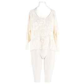 Pull Eric Bompard en coton blanc col en V dentelle Blanc