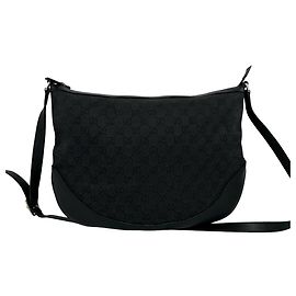 Gucci GG Logo Pattern Canvas Leather Crossbody Bag Black