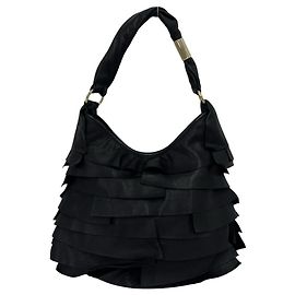 Borsa semi spalla in pelle con volant e logo Yves Saint Laurent Saint-Tropez Nero