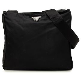 Prada Bolsa Crossbody em Tessuto Preta com Fecho de Zíper Preto