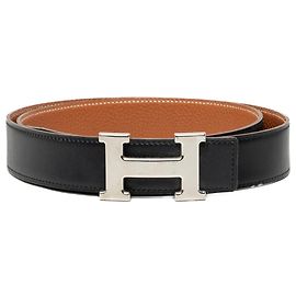 Hermès Black Box Calf and Togo Constance H Reversible Belt Black