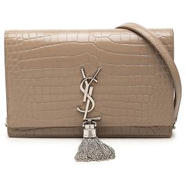 Autre Marque Saint Laurent Bolsa Tiracolo Kate Tassel em couro com relevo de crocodilo marrom Small com monograma Marrom Taupe