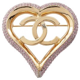 Chanel Coco Mark Heart Brooch Pink Golden