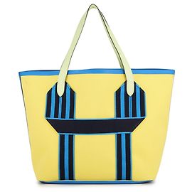 Sac cabas Hermès Kara en cuir bleu et vert Bleu Doré Vert clair