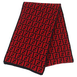 Cachecol de lã Fendi FF Logo Zucca Pattern Preto Vermelho