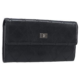 Portafoglio lungo CHANEL 2.55 Matelassé in pelle nera con CC argento Altro