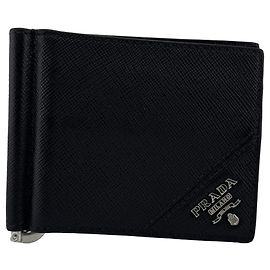 Prada Saffiano Leder Bi-fold Geldbörse mit Geldclip Schwarz