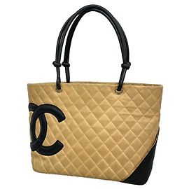 Saco Tote Chanel Cambon em Pele de Cordeiro Preto Bege