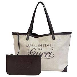 GUCCI Canvas Leather Tote Bag Brown