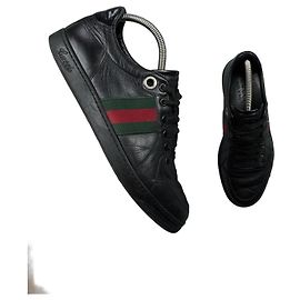 Gucci Coda Web Stripe Black Leather Sneakers Size 40.5 / 25.5cm Other