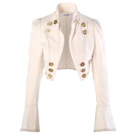 Dolce & Gabbana Ivory Military Cropped Jacket with Gold Crest Buttons Beige Cream Sand
