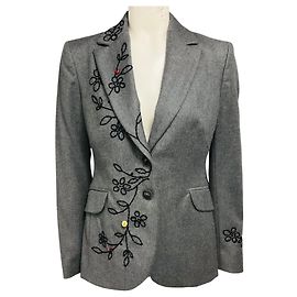 Moschino Cheap and Chic Grey / Black Floral Embroidered Wool Blazer with Ladybug Embellishments Grey