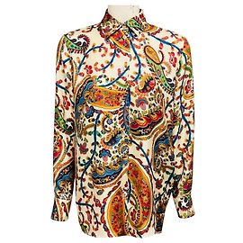 Camicia in twill di seta Etro Ivory Multi Floral Paisley Motif Multicolore