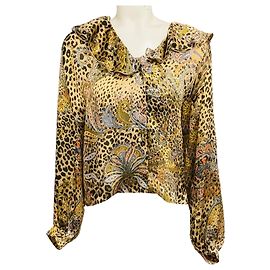 Camisa de seda Moro Etro Beige Multi Paisley e estampa de leopardo com gola rufada Multicor