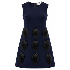 Stella Mc Cartney Stella McCartney Vestido de lã azul marinho Pre-Fall 2015 com penas pretas Preto Azul escuro