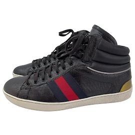 Gucci High-Top Leather Sneakers with Web Stripe - Black/Red/Blue Black Red