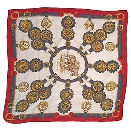 Pañuelo Hermès Cuivreries de seda Blanco Roja Azul oscuro Gold hardware