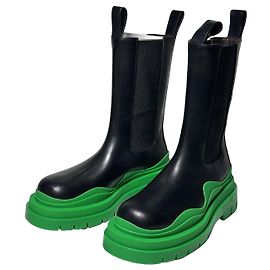 Bottega Veneta – Bottes Tire en cuir noir avec semelles vertes – Taille 38.5 Noir Vert
