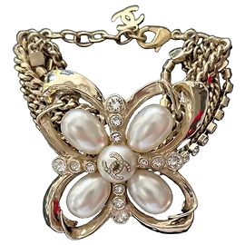 Bracelet Chanel Fleur multi rangs chaines, strass, perles Blanc Doré