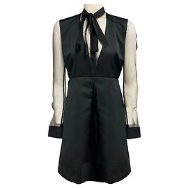 Autre Marque No. 21 Kleid aus schwarzem Satin mit V-Ausschnitt und Mesh-Ärmeln Schwarz