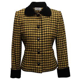 Vintage Black & Yellow Givenchy Gingham Velvet-Trimmed Jacket Size US S Black