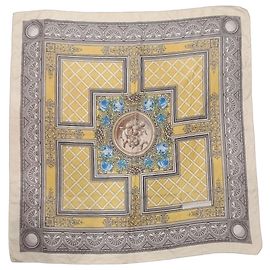 Foulard di seta Pierre Balmain con stampa cherubini e rose Marrone Bianco Blu Grigio Giallo