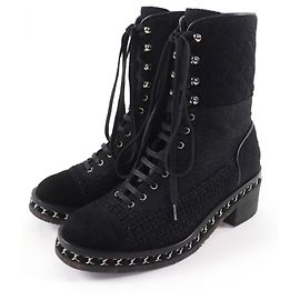 CHANEL COCO Mark Matelass Tweed Boots Black