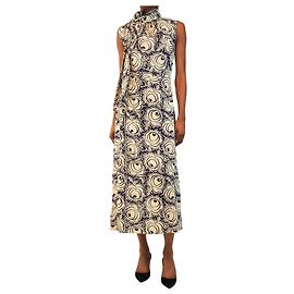 Prada Vestido midi floral creme e azul com gola anudada - size UK 6 Cru