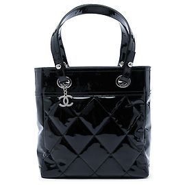 Chanel Black Small Quilted Patent Paris Biarritz Tote Black