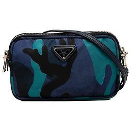 Prada Mini Tessuto Camouflage Double Zip Camera Bag in Blau Blau