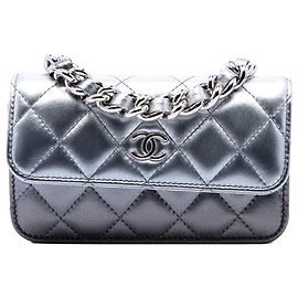 Chanel Silver Quilted Gradient Metallic Lambskin Coco Punk Clutch With Chain Silvery