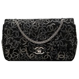 Chanel Black Paris Shanghai Medium Tweed Strass Embellished Pudong Double Flap Noir