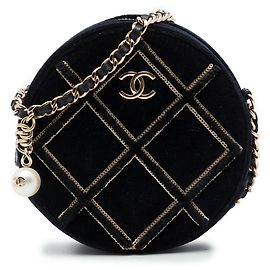 Chanel Borsa a Tracolla Rotonda in Velluto Nero, Perle e Paillettes Nero