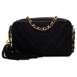 Chanel Black CC Diamond Quilted Satin Tassel Camera Bag Black